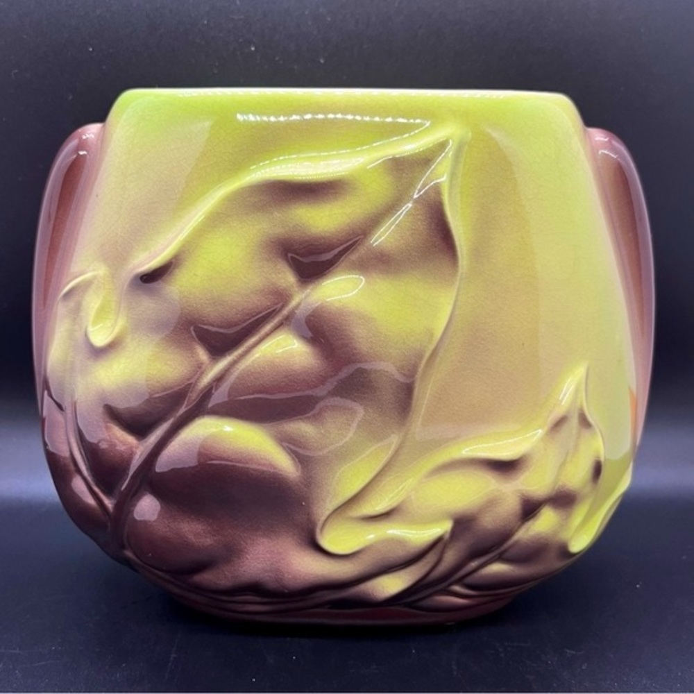 Royal Copley MCM Art Deco Lime Green and Purple Raised Leaves Vase -1950s